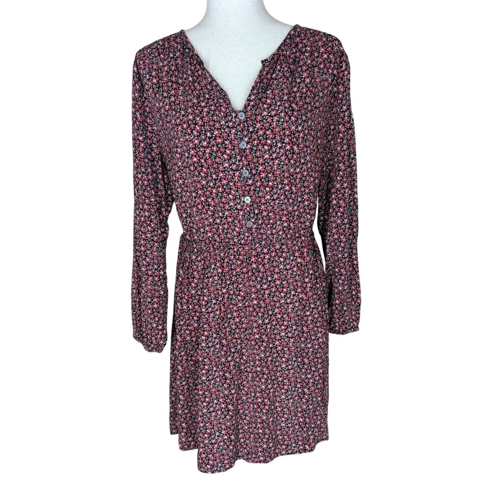 LOFT Red Ditsy Floral Side Tie Long Sleeve Swing Dress Size Large Petite Cottage